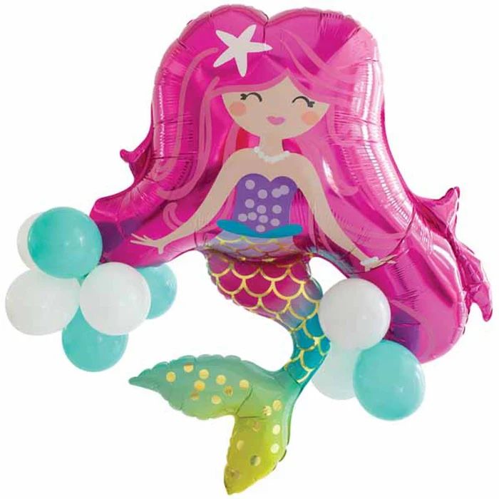 Smiling Mermaid Foil Balloon, 34in x 35.5in, with Latex Balloons