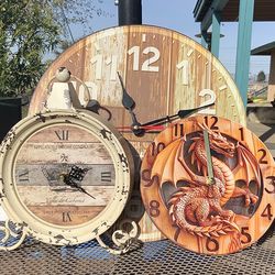 Set of 3 Decorative Battery Wall Clocks (Farmhouse & Dragon)