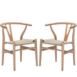 Weave Modern Wooden Mid-Century Dining Chair, Hemp Seat, Natural (Set of 2)