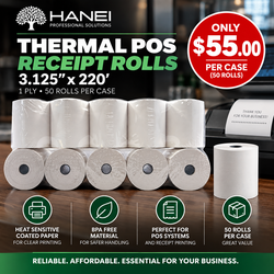 3.125" × 220' Thermal POS Receipt Rolls – 50 Rolls/Case