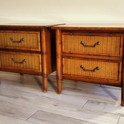 Vintage Set of 2 Dixie Faux Bamboo and Wicker Hollywood Regency Coastal Boho Chic Night Stands