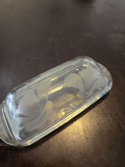 New Butter Dish, Hand Etched Glass, Flowers Etched On All Sides, Closeout, Last One In This Design