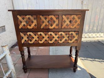 Modern Indian Mango Wood Console Table with Woven Drawer Fronts