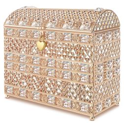 Nitial Crystal Wedding Card Box With Heart Lock - Gold