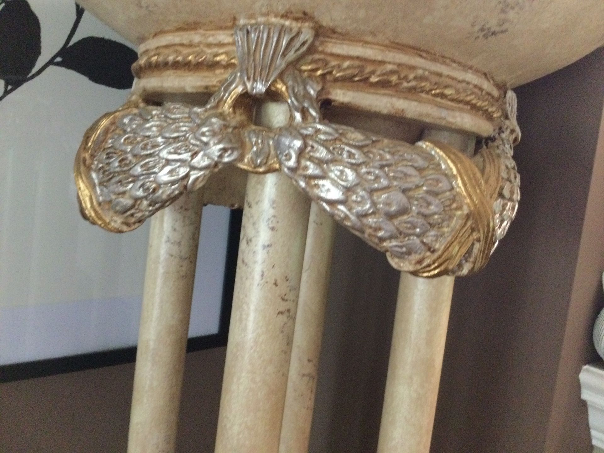 SET OF TWO ELEGANT HAND PAINT TALL FLOOR LAMPS ( GOLD, SILVER , BRONZE  EXCELLENT COND.72H 22 D RETAILED NEW FOR THE SET 1195 PLUS TAX.LAMPS ARE HEAVY