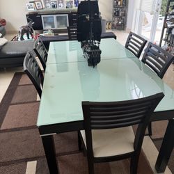 Modern 7-Piece Dining Set - Frosted Seafoam Glass & Espresso Wood