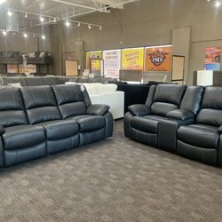 Black Leather Reclining Sofa Set 