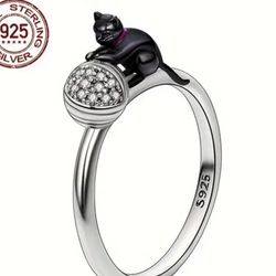 Women’s S925 Sterling Silver Cat And Yarn Ball Design Ring With Cz Size 8