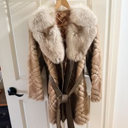 ✨ Vintage Mink Fur Coat w/ Fox Collar & Leather Trim 
