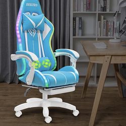 RGB Gaming Chair with LED Lights and Massage Ergonomic Computer Chair High Back Video Game Chair with Footrest and Adjustable Lumbar Support Linkage A
