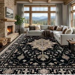 RELEANY Area Rugs Large 9'x12' Washable Non-Slip, Floral Vintage Distress Medallion Carpet for Living Room Bedroom Dining Room, Black Brown Neutral Da