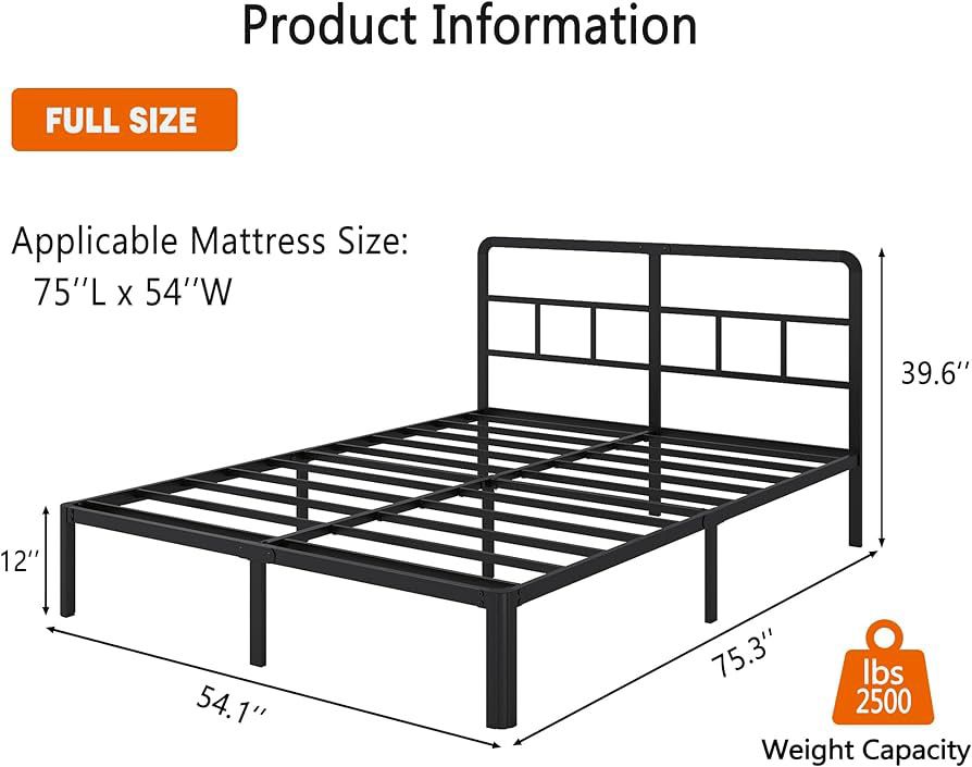 12 Inch Full Metal Bed Frame with Headboard,Platform Bed with Round Corner Legs,Sturdy Heavy Duty Steel Slats Supports