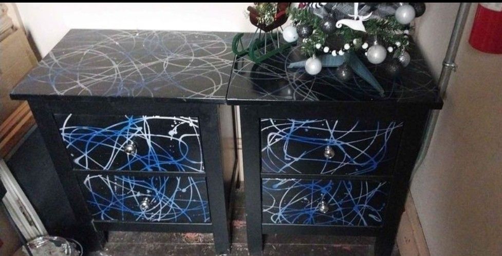 End Table, Black And Blue, Custom Painted, Swirl