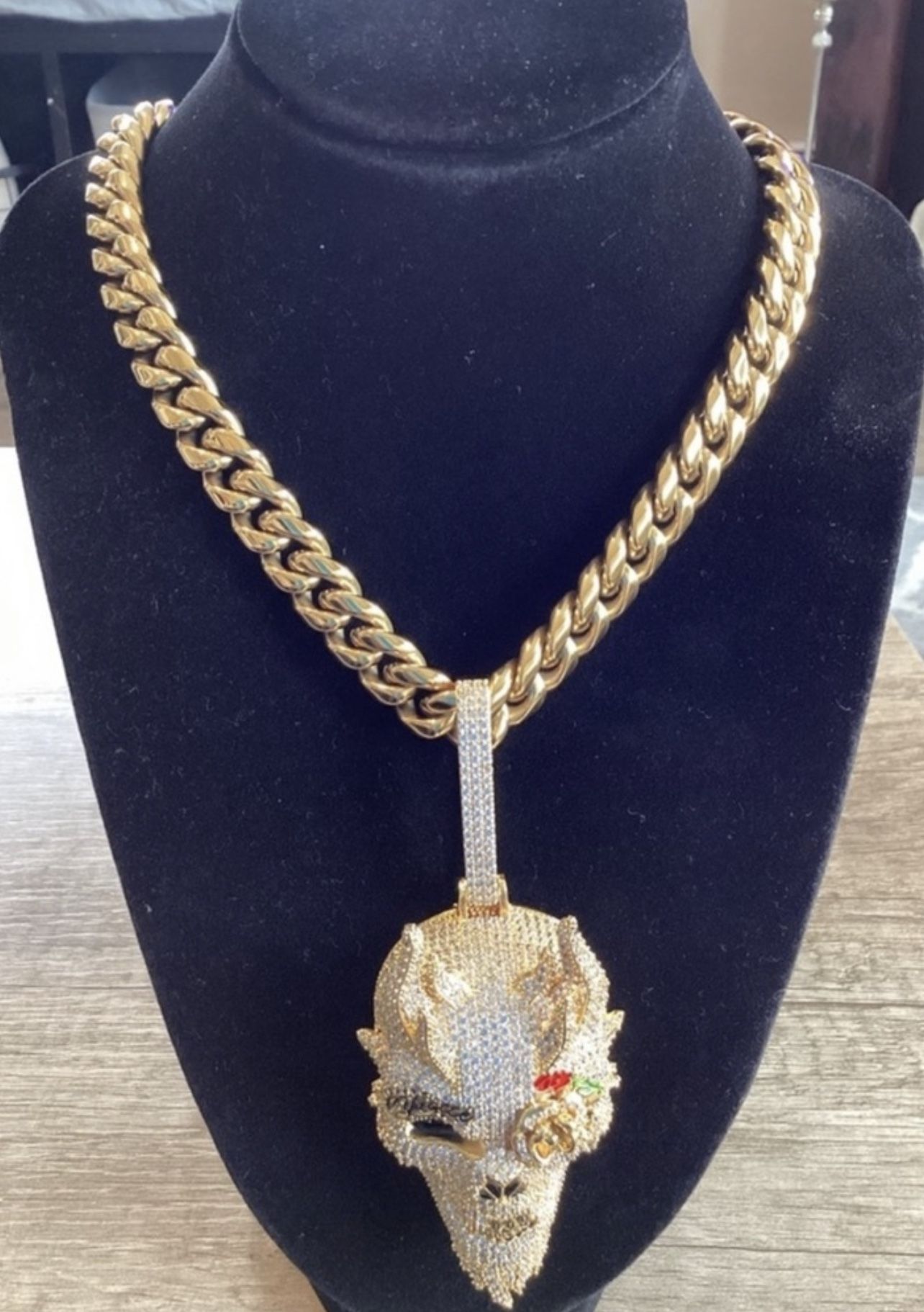 Skeleton Skull Cz Diamond Miami Cubian Chain Stamp 14k Gold Plated 5X Layered steel choker Non Rust or Neck Green 14mm 18Inch