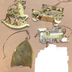(4) Gold Plated Brass Metal Christmas Ornament train nativity car Rocking Horse 