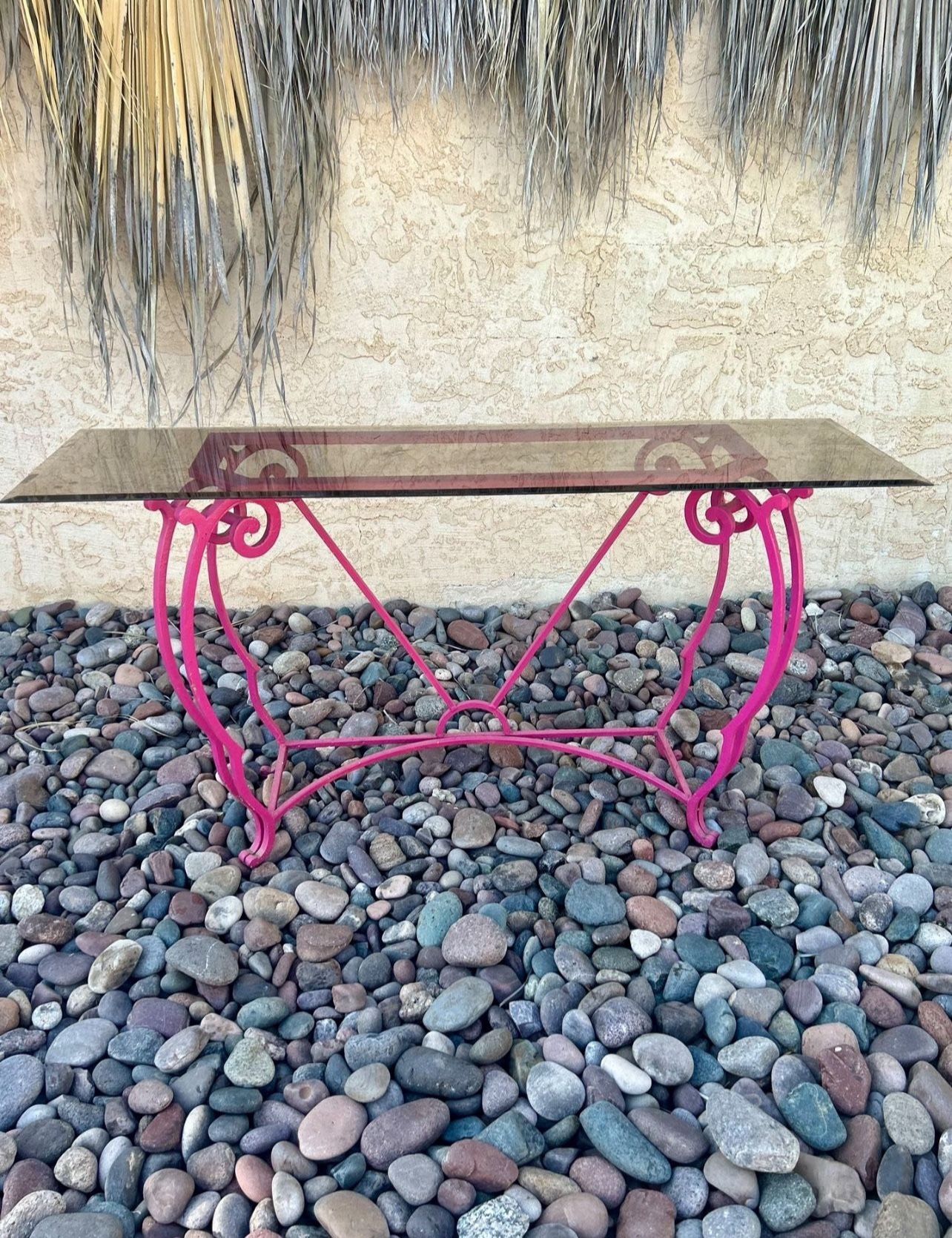 Hot Pink Decorative Metal Base with Beveled Smoked Glass Top Console Table
