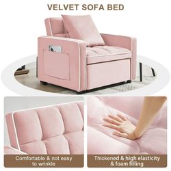 NEW Pink 3-in-1 Convertible Sofa Bed Chair, Folding Velvet Adjustable Recliner to Single Bed