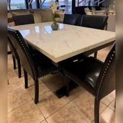 Modern Luxury elegant faux marble finish 7 Pc dining room table set