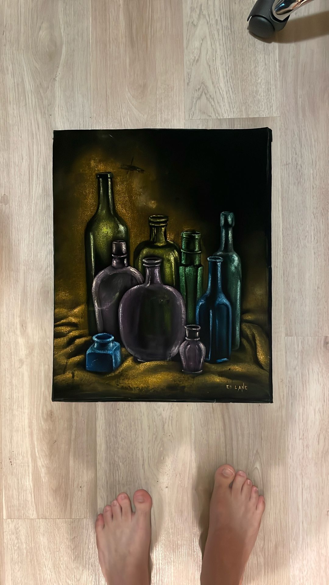 Black Velvet Oil Painting—Glass Bottles Still Life—16”x20”—1970s