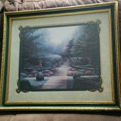 2'3"W X 2'H GLASS GOLD GREEN  FRAMED MATTED GARDEN WALK PICTURE-see Photo For Bottom Frame Corner Defect 