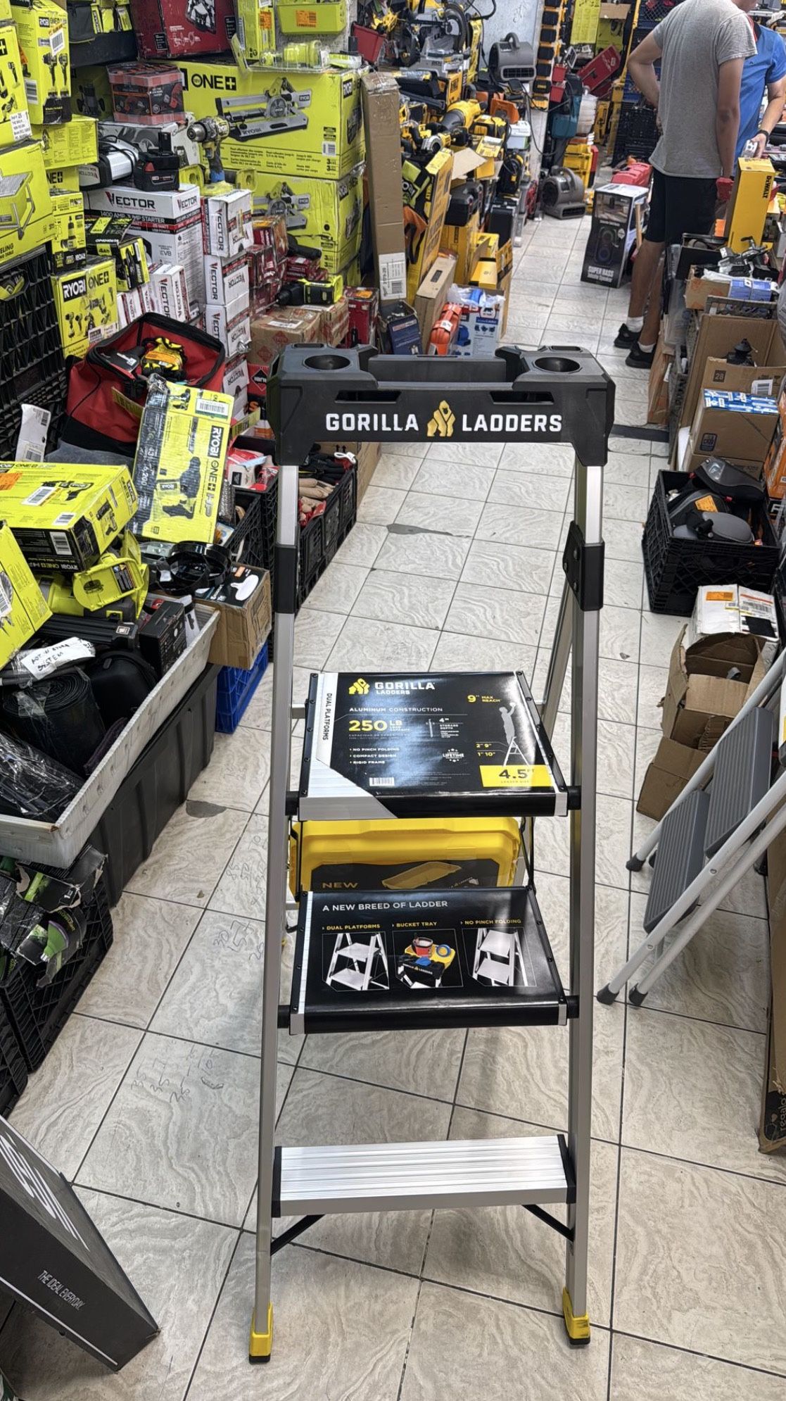 Gorilla Ladders 4.5 ft. Aluminum Dual Platform Step Ladder with Project Bucket (9 ft. Reach), 250 Ibs. Capacity Type | Duty Rating