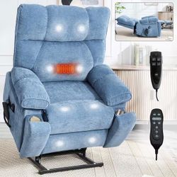 Brand New Blue Oversized Dual Motor Genuine Leather Power Lift Recliner Sofa with Heat and Massage with cup holder