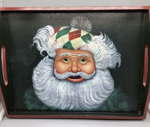  Artist Sighed Handmade table/wall Decor Hand-Painted Christmas Wooden Tray Santa Claus  Not new, but in great condition  See size and condition on pi