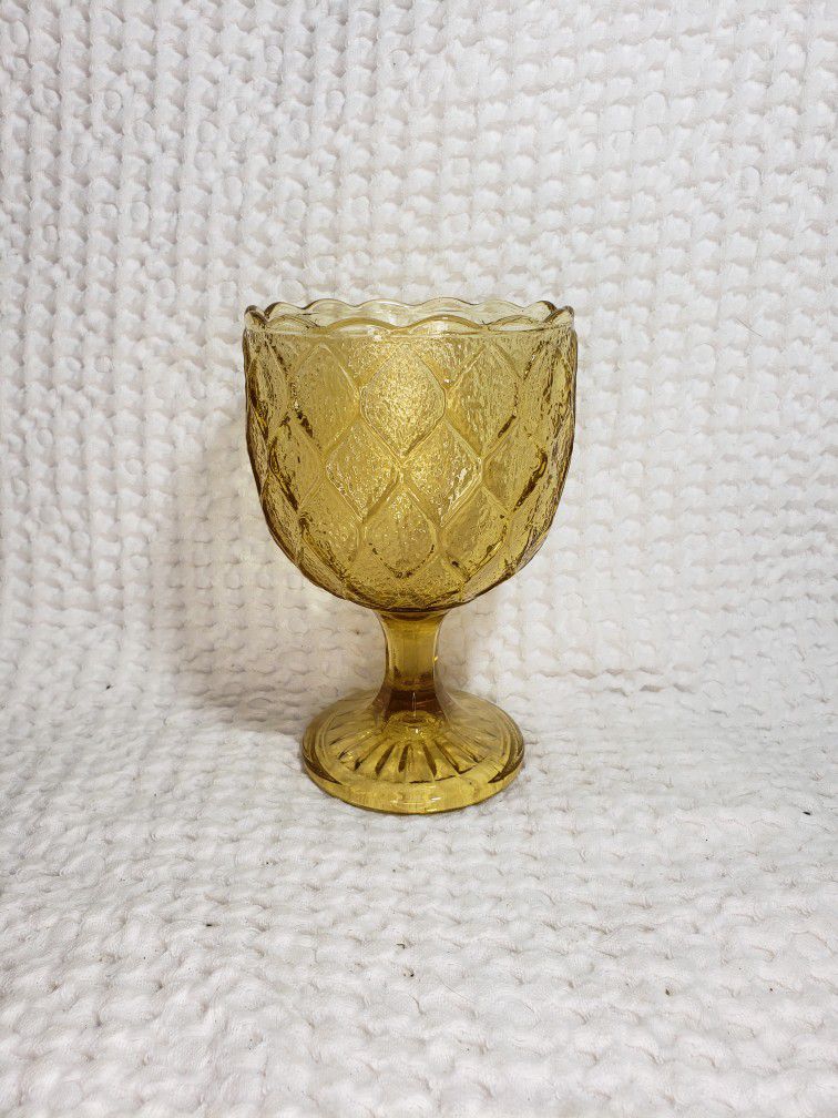 Indiana glass  Mid-Century Pedestal  gold Lattice Scallop Edge  6” tall . Good 