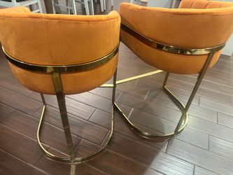 Set of 2 Orange Velvet Bar Stools Gold Frame