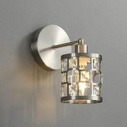 1 Light Modern Vanity Light, Bathroom Vanity Light Brushed Nickel Wall Light Fixtures with Cylinder Crystal Shade