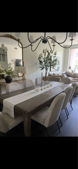 Oak dining table and 8 chairs