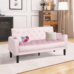 62''W Tufted Linen Fabric Sofa Couch Loveseat w/ 2 USB Charger Ports & Cup Holders Pink