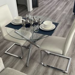 Glass Dining Table w/ Two Faux Leather Chairs