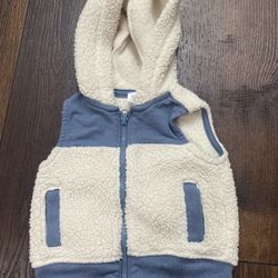 Boys Biege Blue Hoodie Zip Up Vest Size 0/3 Months By Carters #17