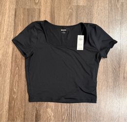 Hollister Black Solid Cropped Square Neck Short Sleeve T-Shirt Women's Size L