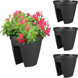 Deck Railing Planter Boxes Set of 4, 12 inch Round Outdoor Planters with Adjustable Brackets for Patio, Balcony, Fence