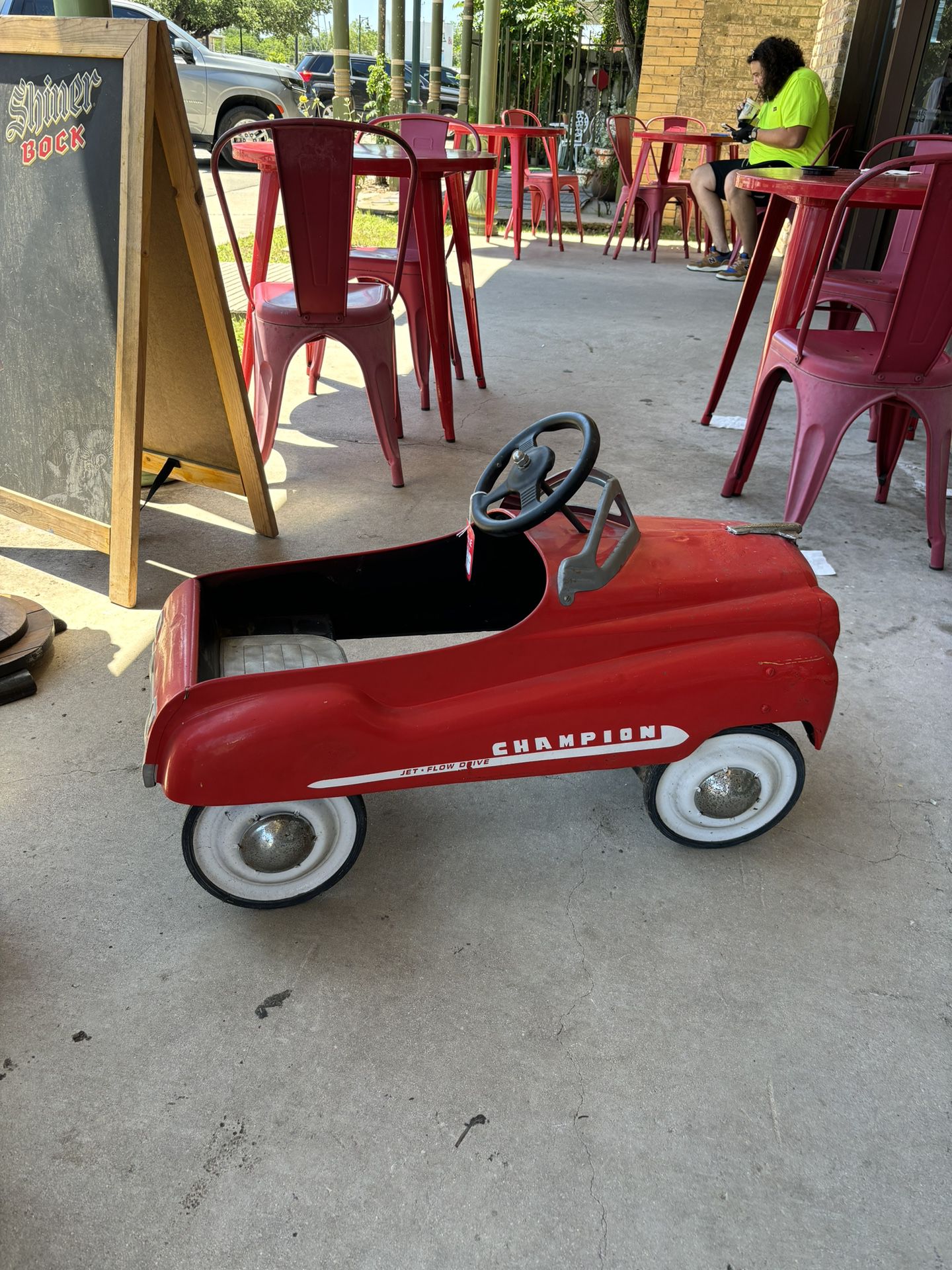 35x15x24 metal antique CHAMPION JET FLOW DRIVE 1950s pedal red car. 189.00  Johanna at Antiques and More. Located at 316b Main Street Buda. Antiques v