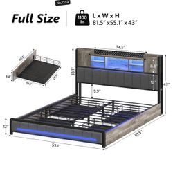 Full Size Bed Frame with Bookcase Headboard & Storage Drawers, Bed Frame Full Size with LED Lights & Charging Station, Heavy Duty Metal Bed Frame for 