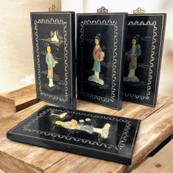 Vintage Hong Kong Lacquer Wall Plaques Mother of Pearl & Stone Set of 4