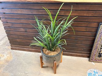 Faux Grass in Striped Ceramic Pot w/ Wood Stand
