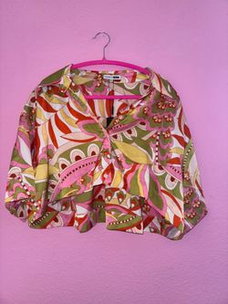 Fashion Nova Pink Green Orange Retro Print Button Front Top