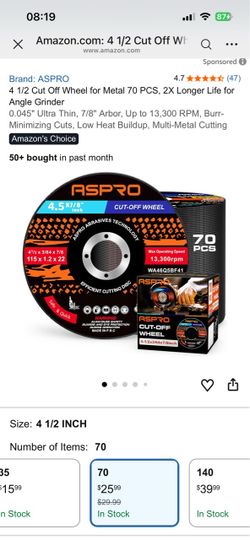 ASPRO 4.5" Cut-Off Wheels for Angle Grinder – 70 Pack