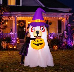 6.2 FT Halloween Inflatables Dog Outdoor Decorations Blow Up Yard Cute Puppy Ghost with Pumpkin with Built-in LEDs for Indoor Party Garden Lawn Holida