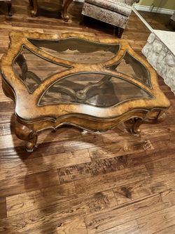 Wood Burl Table With Beveled Glass