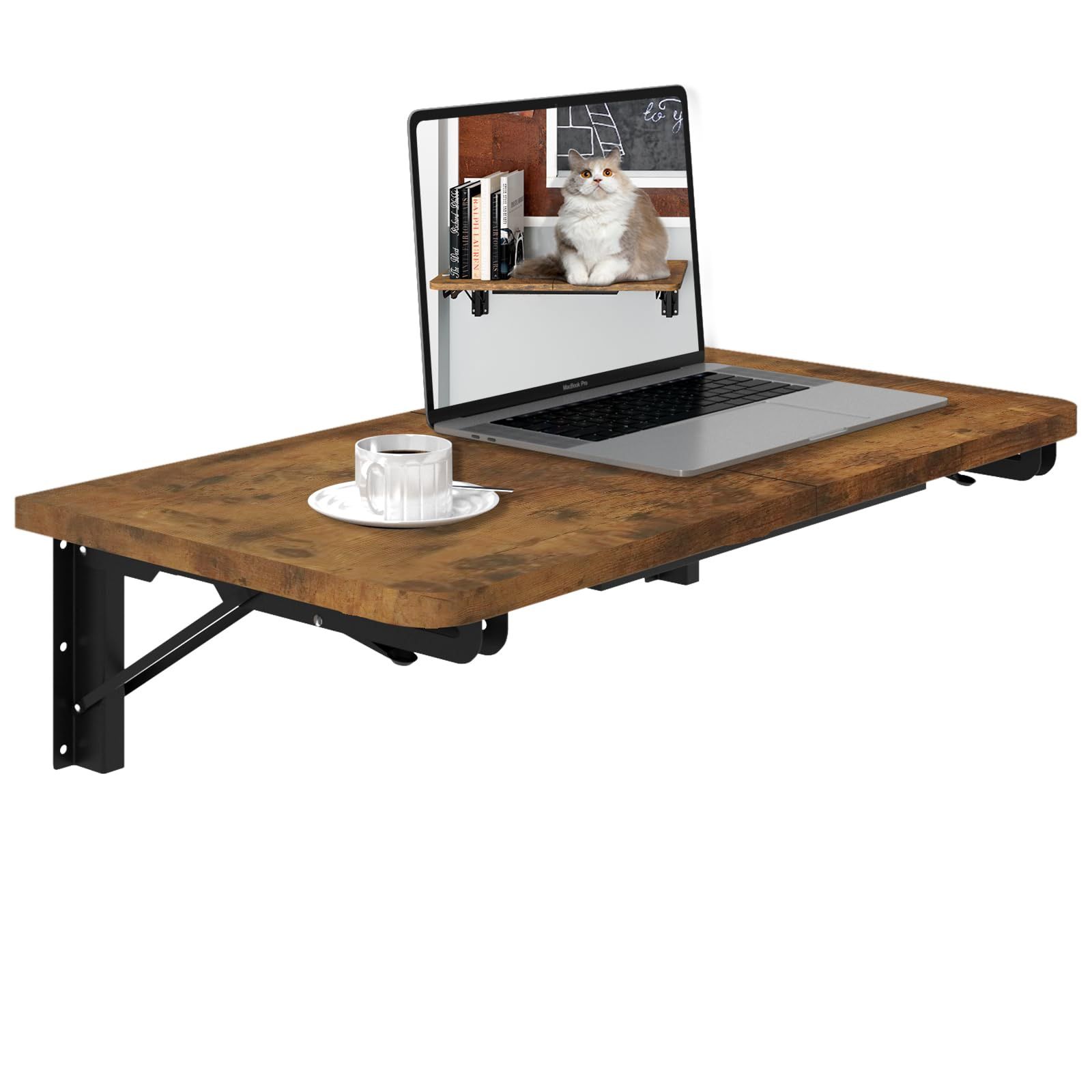 Rustic Brown Wall Mounted Folding Table, Wall Desk for Small Spaces, Drop Leaf Dining Table