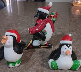 3 Sakura delicate handpainted ice skating penguins  ceramic salt & pepper shakers