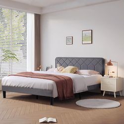 Queen Size Grey Upholstered Bed Frame – Tufted Headboard, Wood Slats, No Box Spring Needed