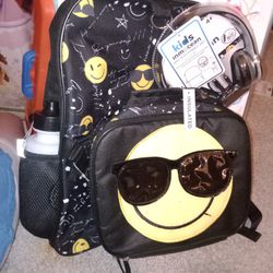 Emoji Backpack, Lunch Bag, Headphones And Water Bottle