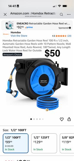 Homdox Retractable Garden Hose Reel 100 ft x 1/2 inch, Automatic Garden Hose Reels with 10 Pattern Nozzle, Wall Mounted Hose Reel, Auto Rewind, 180°Sw