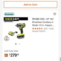 RYOBI ONE+ HP 18V Brushless Cordless 4-Mode 1/2 in. Impact... (4.7 / 1362)